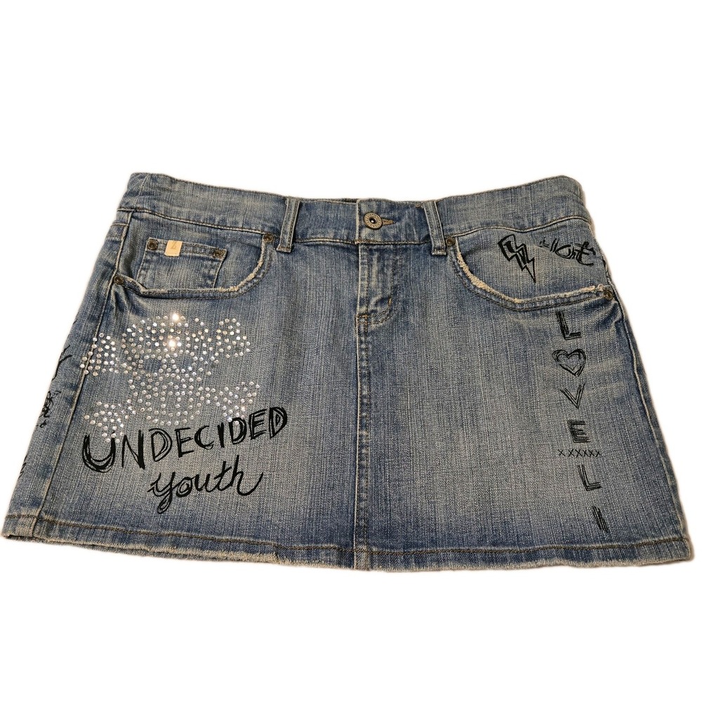 Z Cavaricci Mini Denim Skirt Y2K Style Embellished Skull Size 9